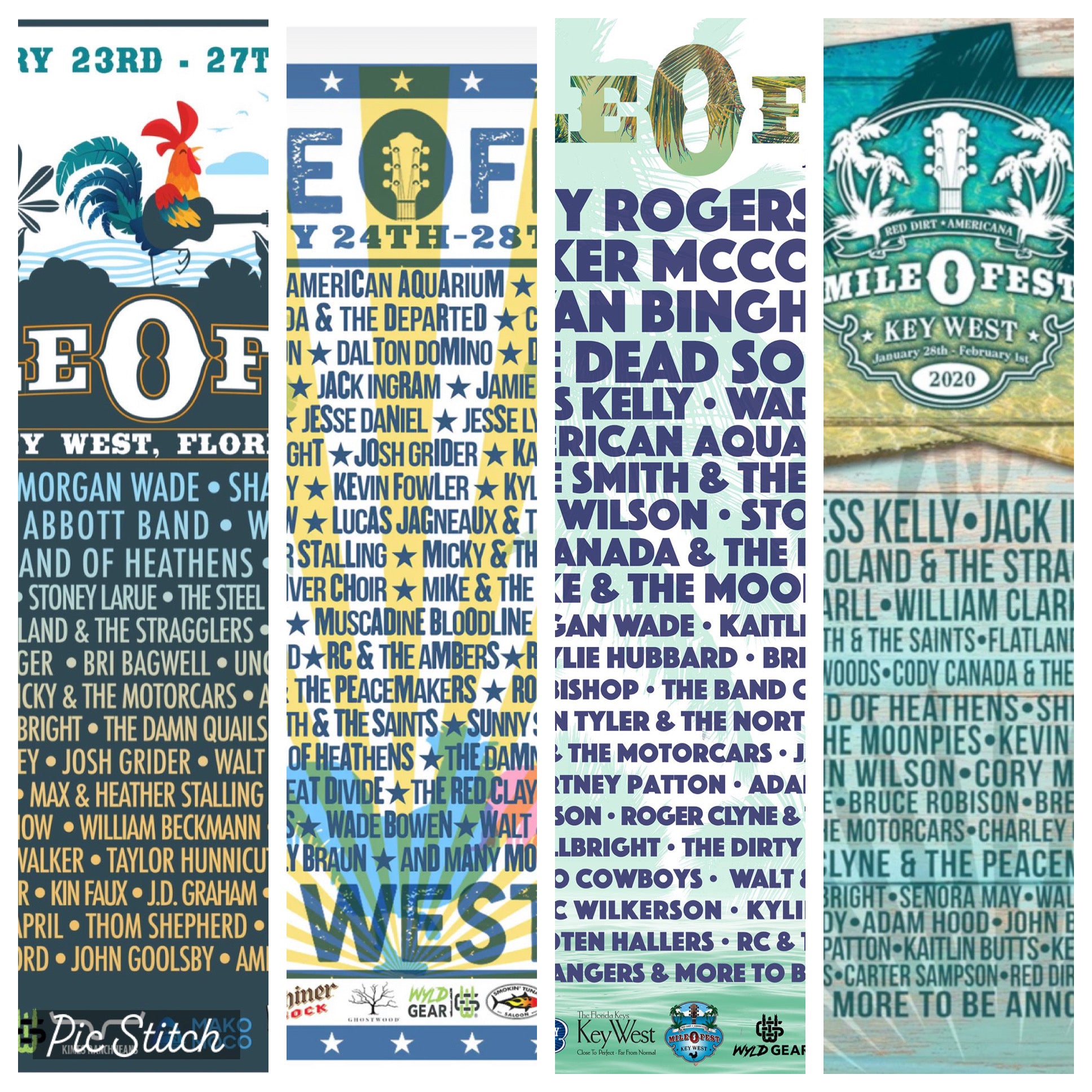 A collection of concert posters for the Mile0Fest, featuring various band names and the years 2018 to 2025.